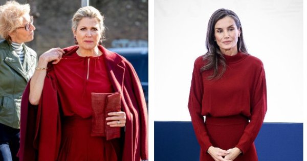 Королева Летиция и королева Максима словно близнецы в одинаковых вишнево-красных нарядах.